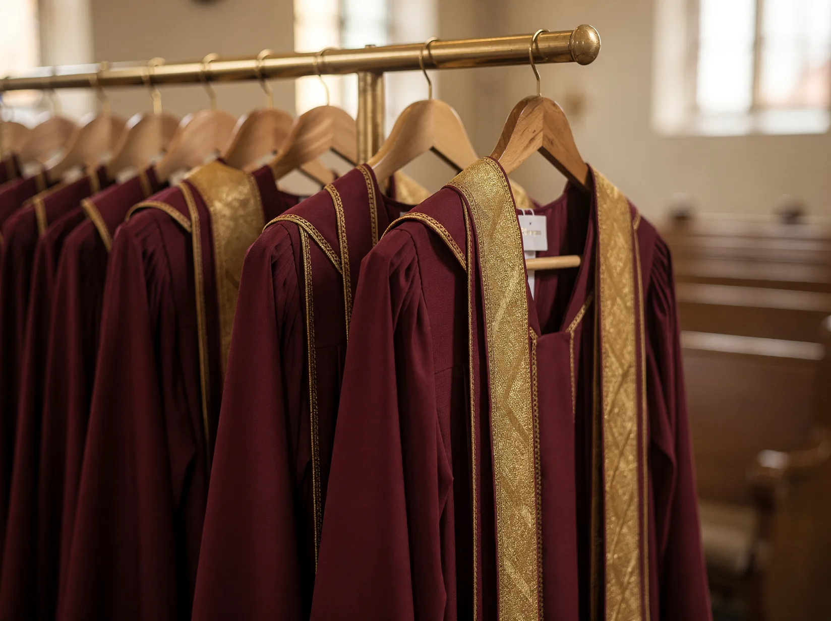 Cleaned and pressed choir robes on a rail