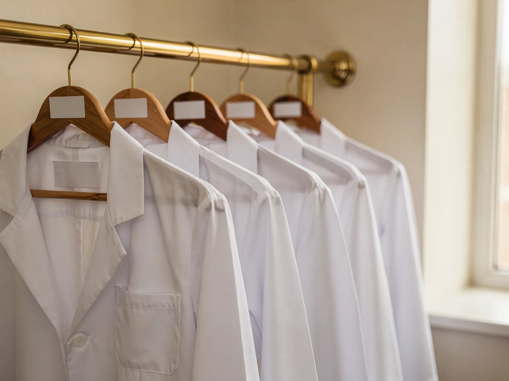 Freshly pressed white lab coats on a rail