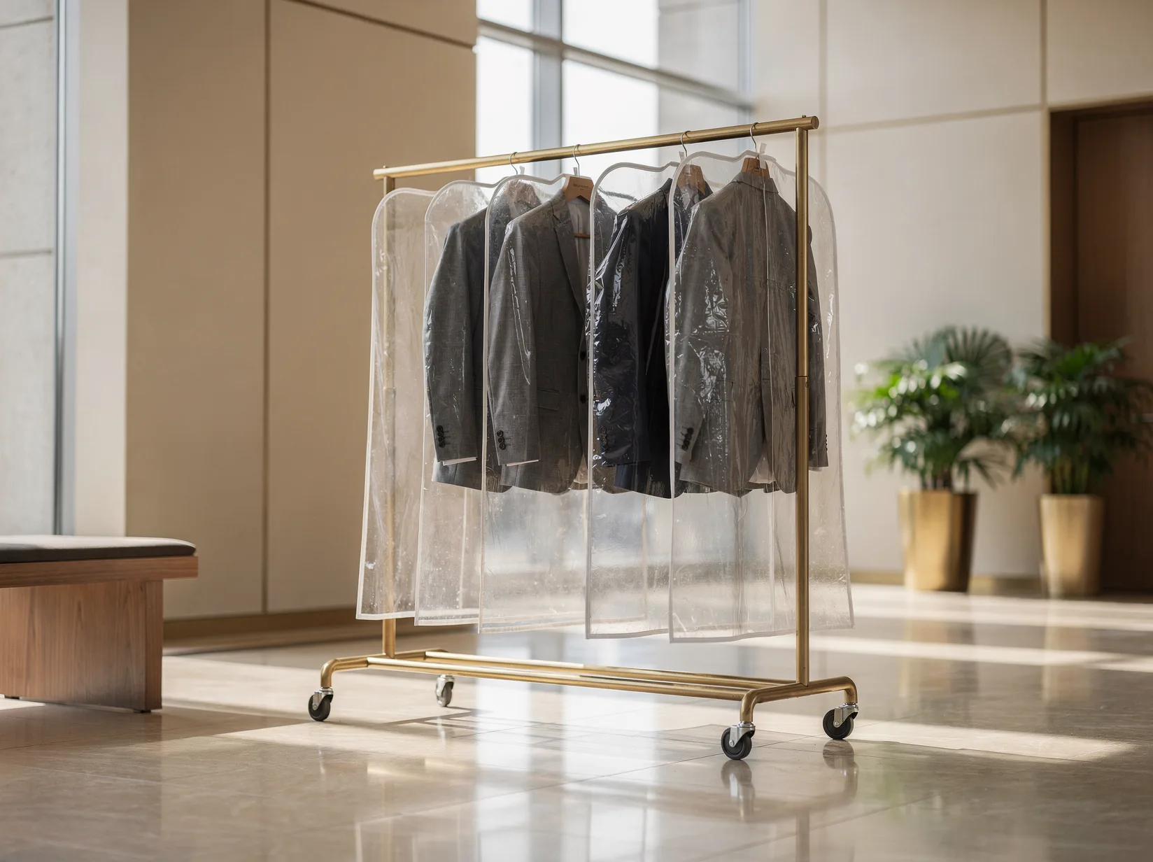 A garment drop rack in an office building lobby