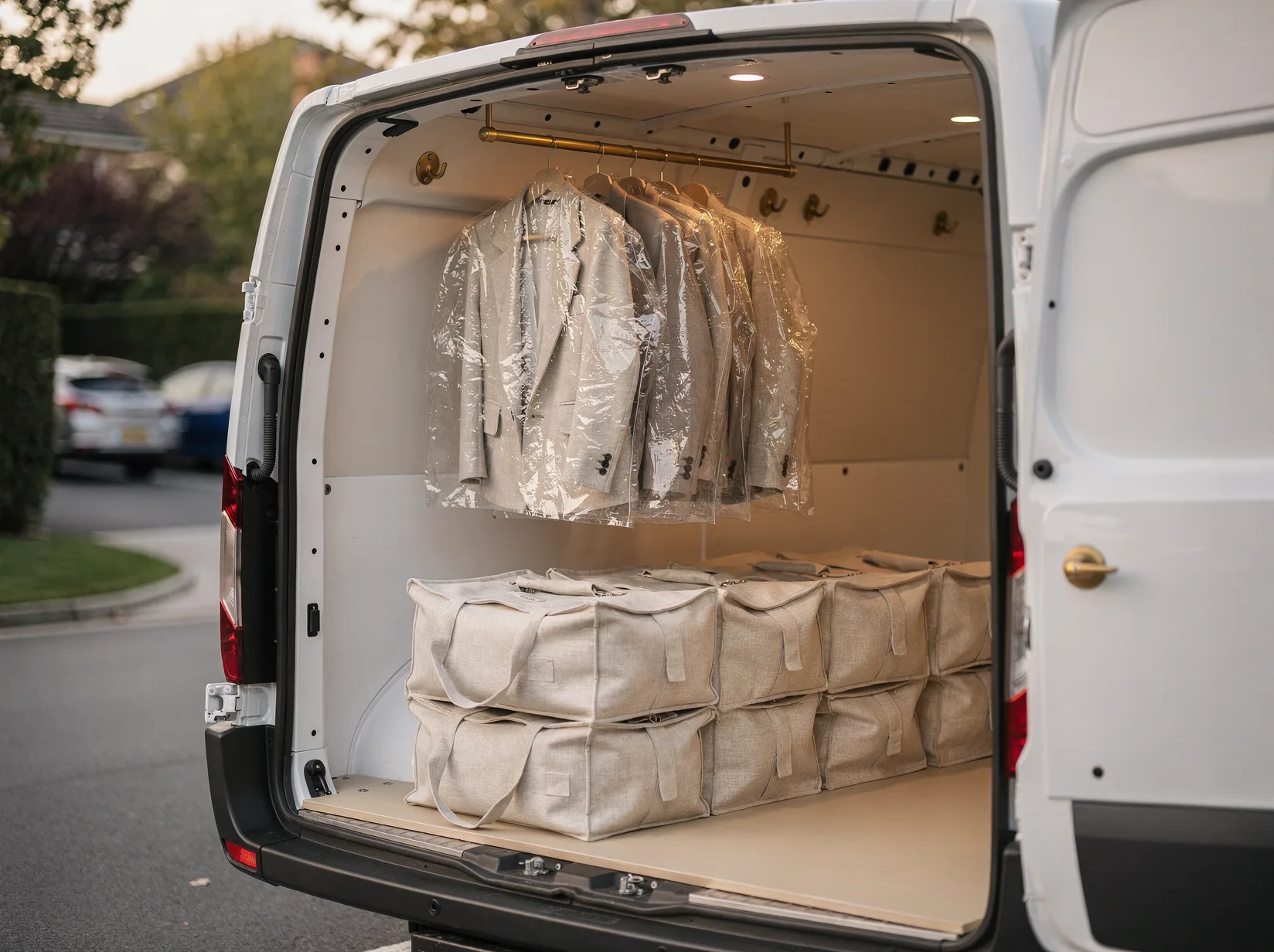 Garments and linen bags loaded for the Sunrise Cleaners route