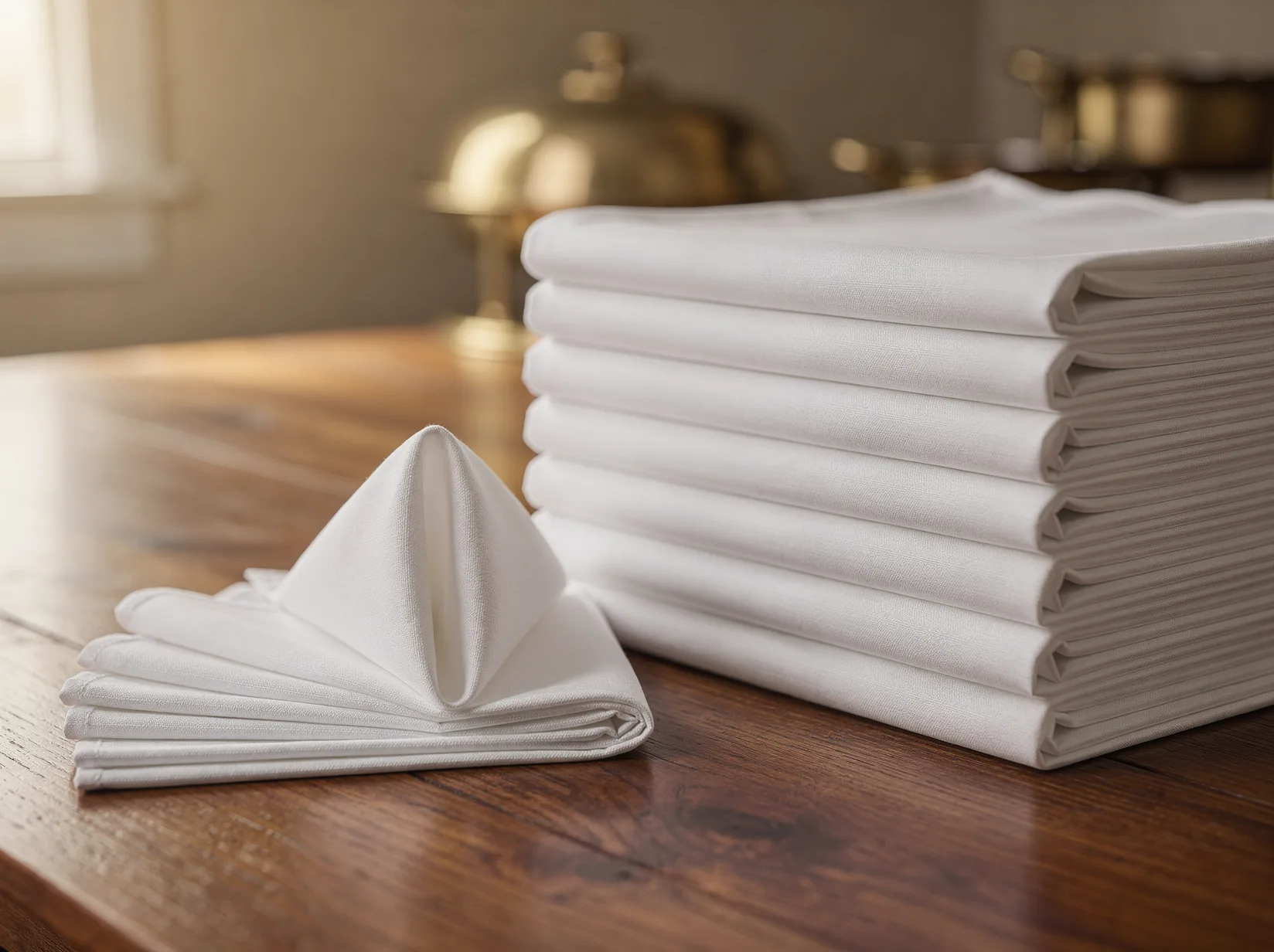 Pressed banquet tablecloths and folded linen napkins