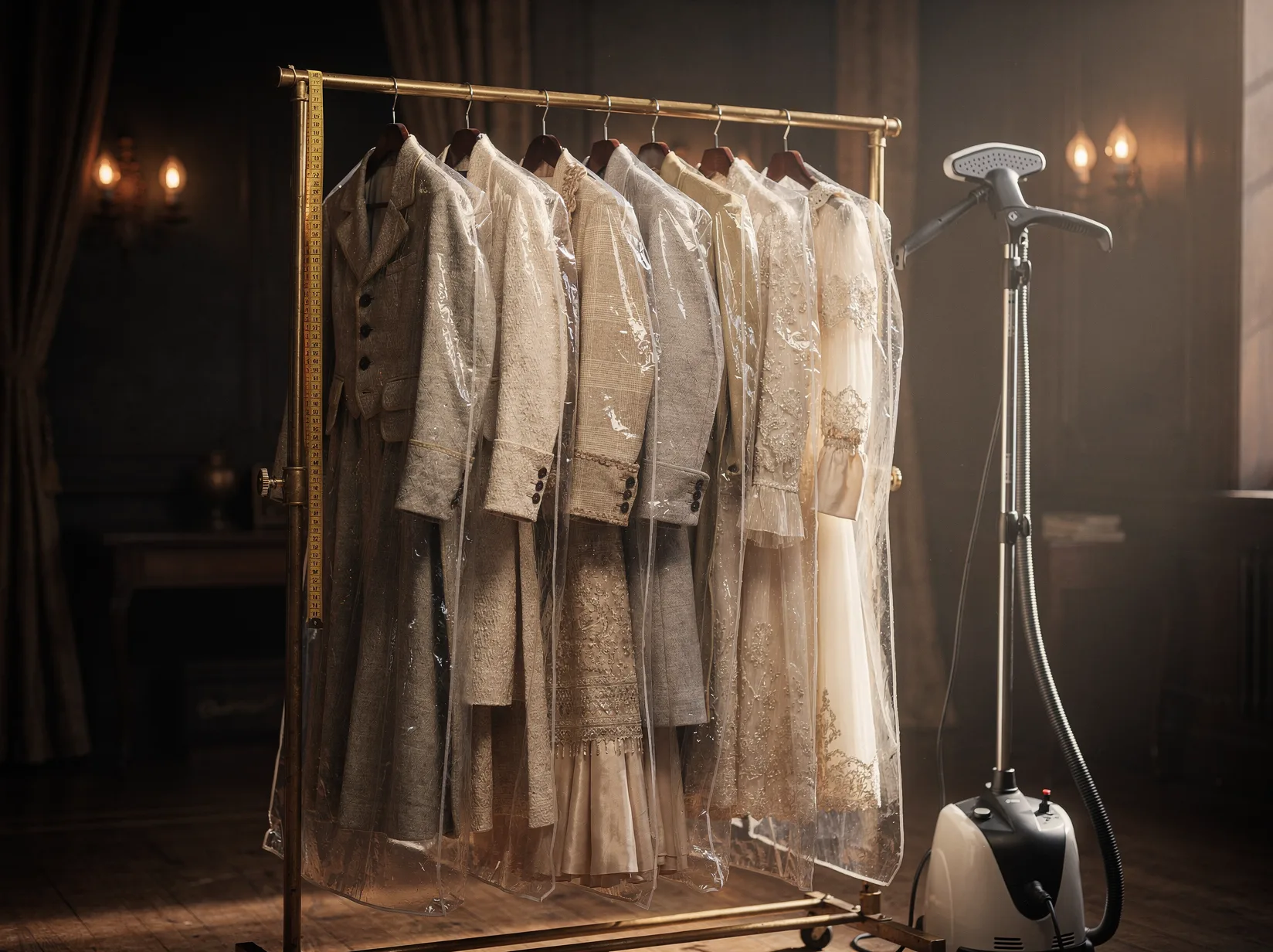 A backstage wardrobe rail of costumes in garment covers
