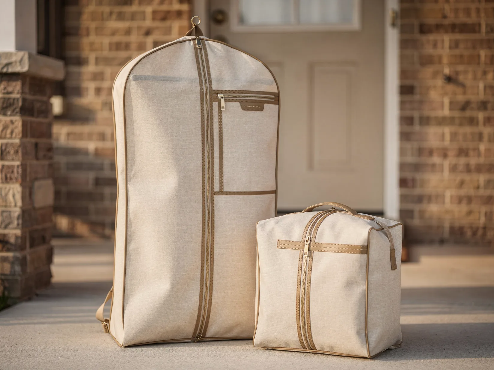 Garment bags waiting on a front step for collection